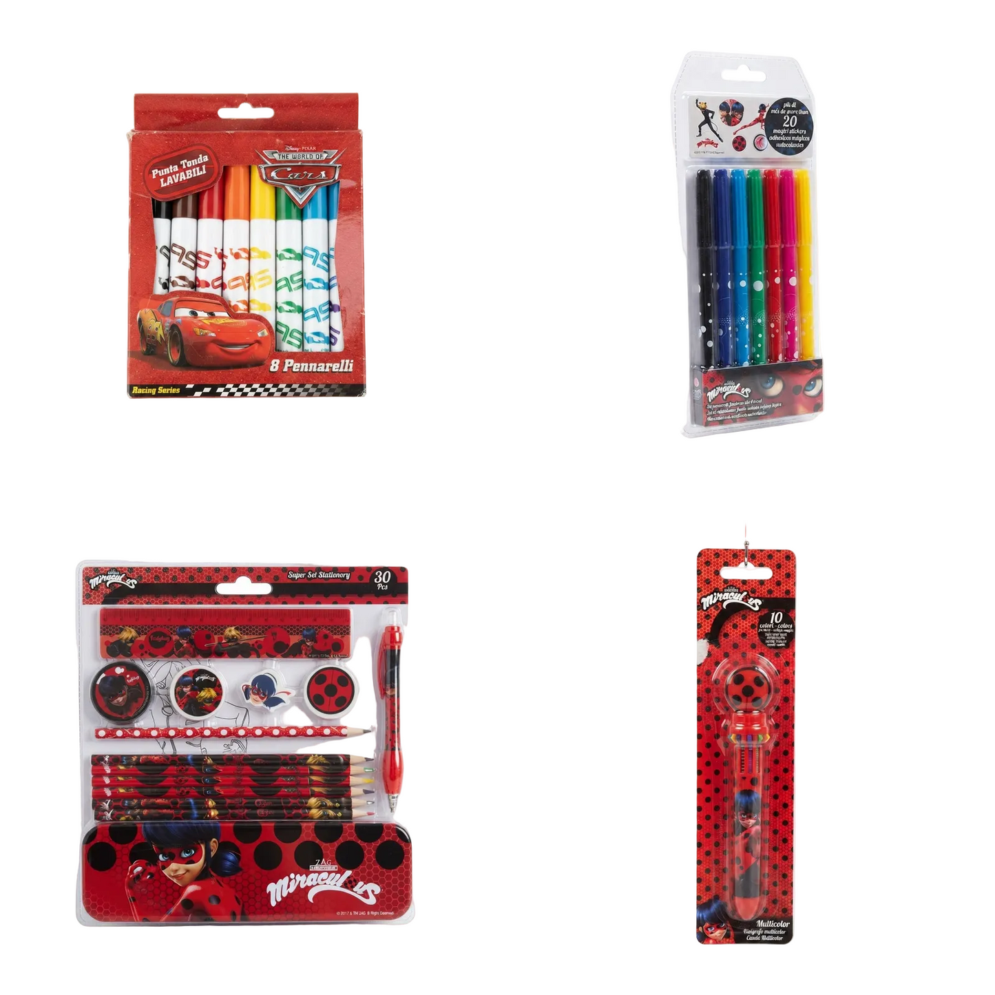 Komplet set Cars i Miraculous skolski pribor na bijeloj pozadini